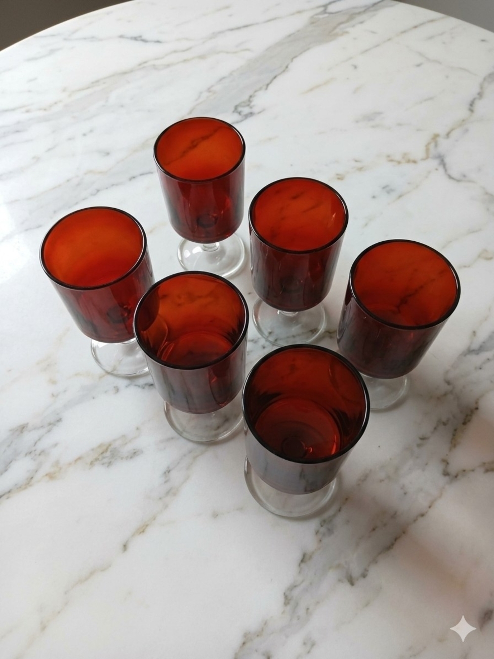 Set of 6 Vintage Luminarc Cavalier Ruby Red Cordial Liqueur Glasses, Clear Stems